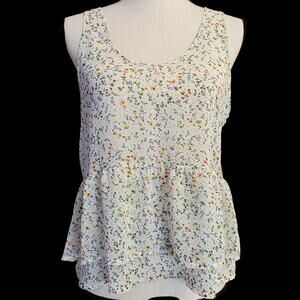 Kirra Tank Top Sz M Floral White Pink Blue Yellow Ditsy Ruffle Blouse Sleeveless